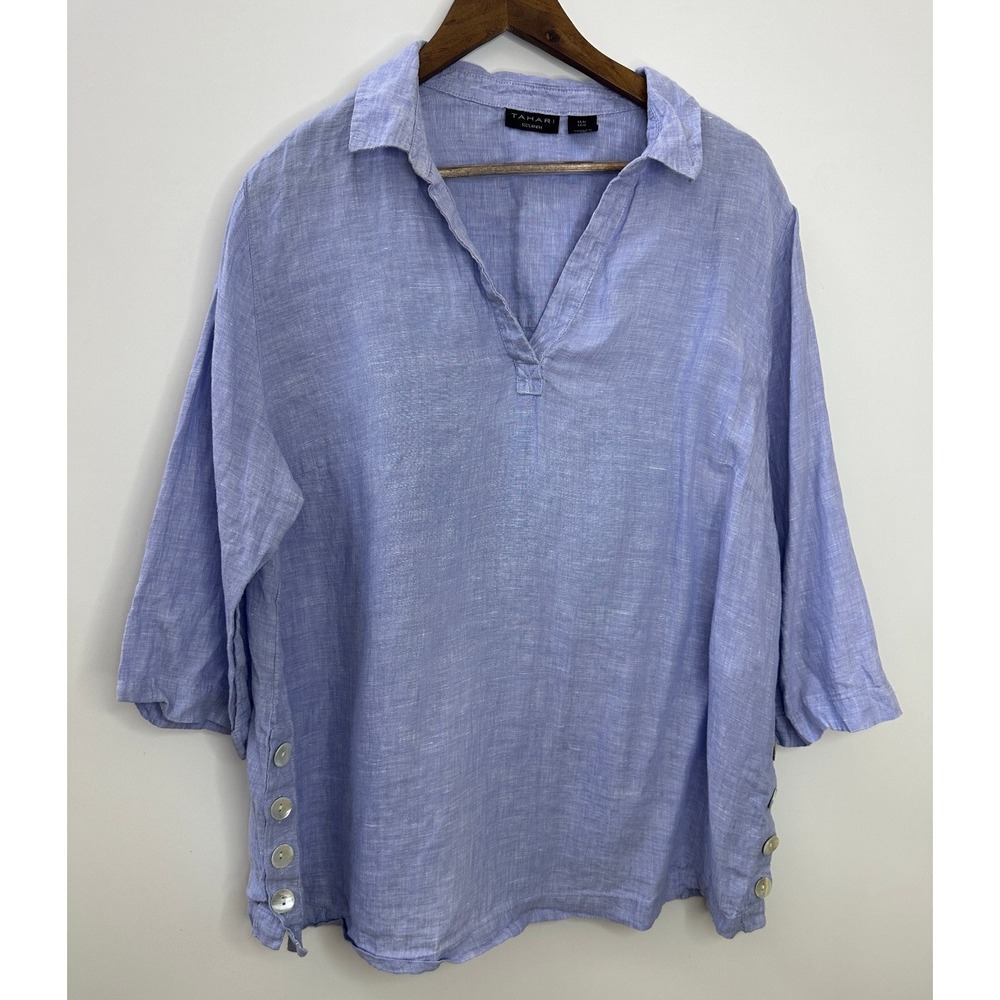 Tahari 100% Linen Pullover Short Sleeve Top Plus Size 1X Coastal Resort Vacay - Picture 2 of 6